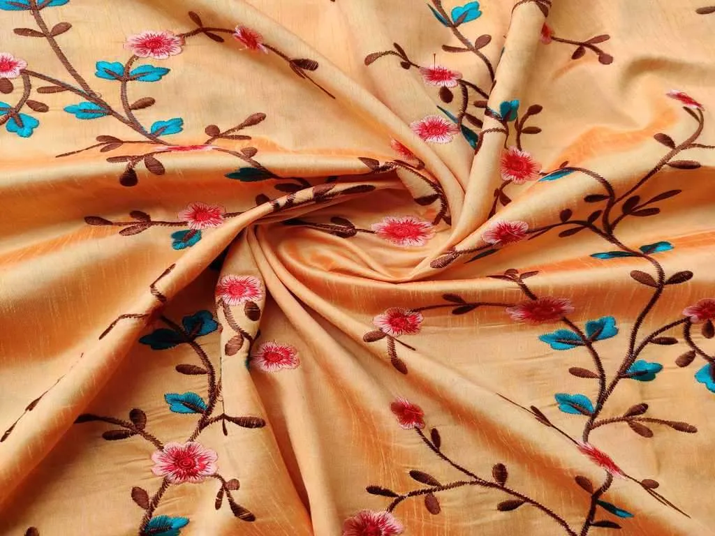 Mustard Heavy Embroidered Floral Taffeta Silk Fabric