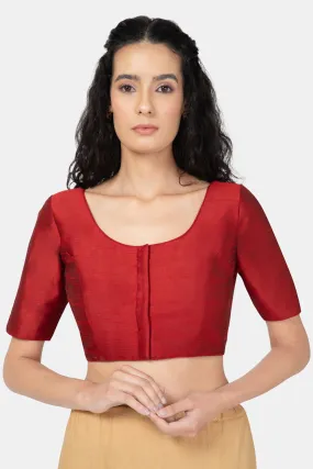 Naidu Hall Ethnic Raw Silk Saree Blouse with Round Neck Elbow Sleeves - Maroon