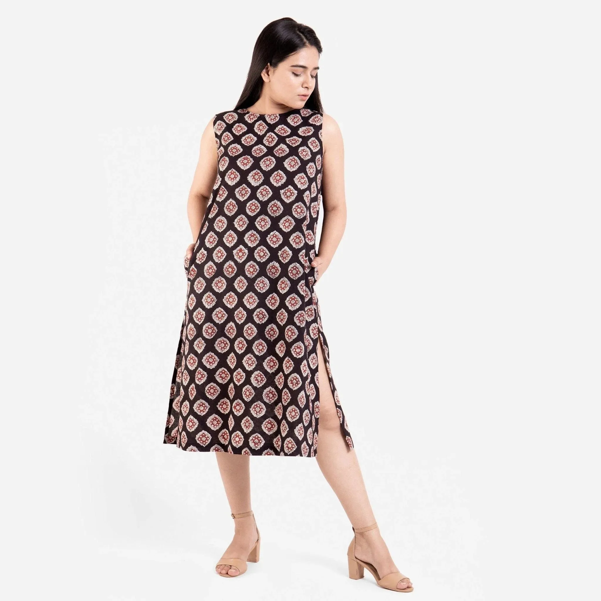 Natural Dyed Black Block Printed Cotton Midi Shift Dress