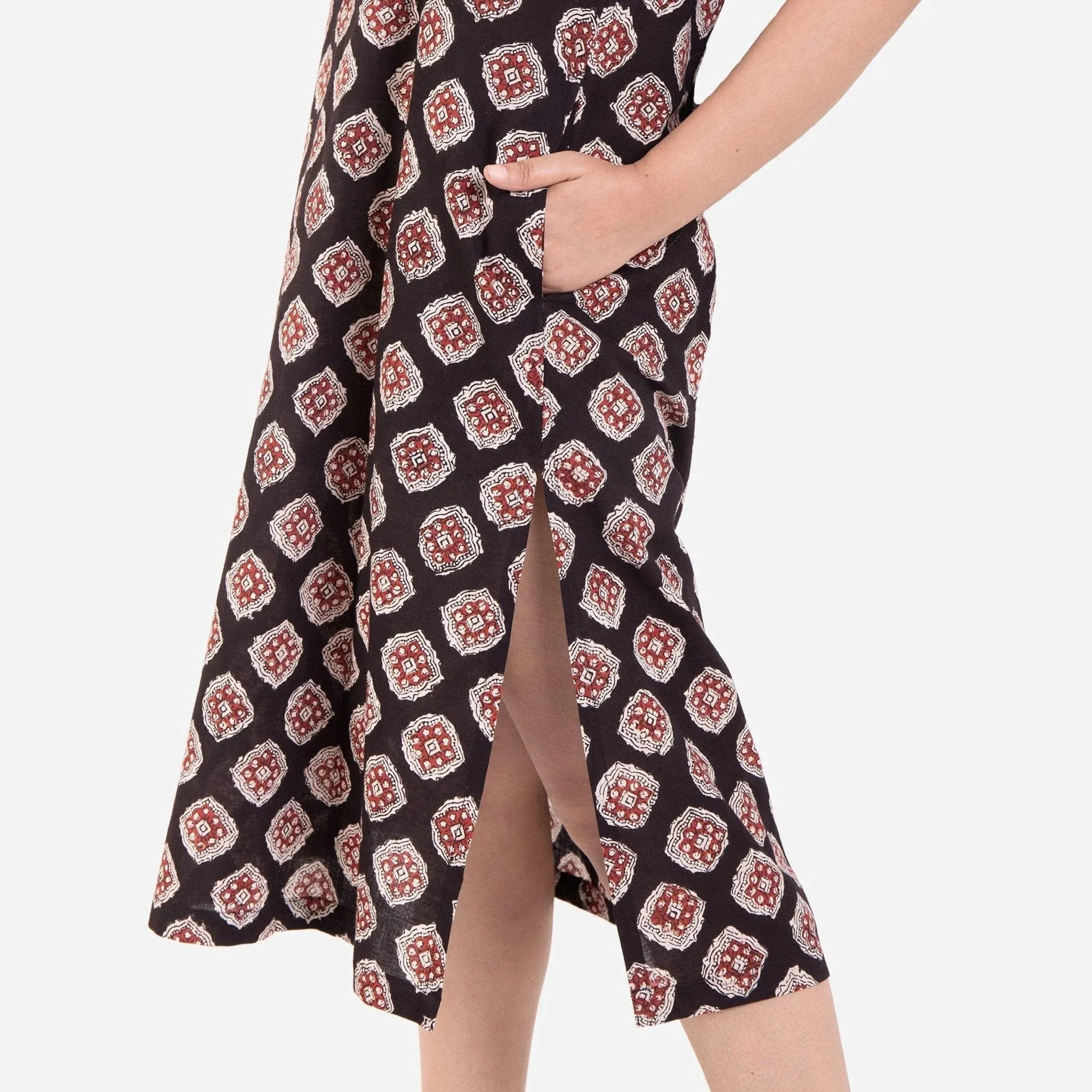 Natural Dyed Black Block Printed Cotton Midi Shift Dress