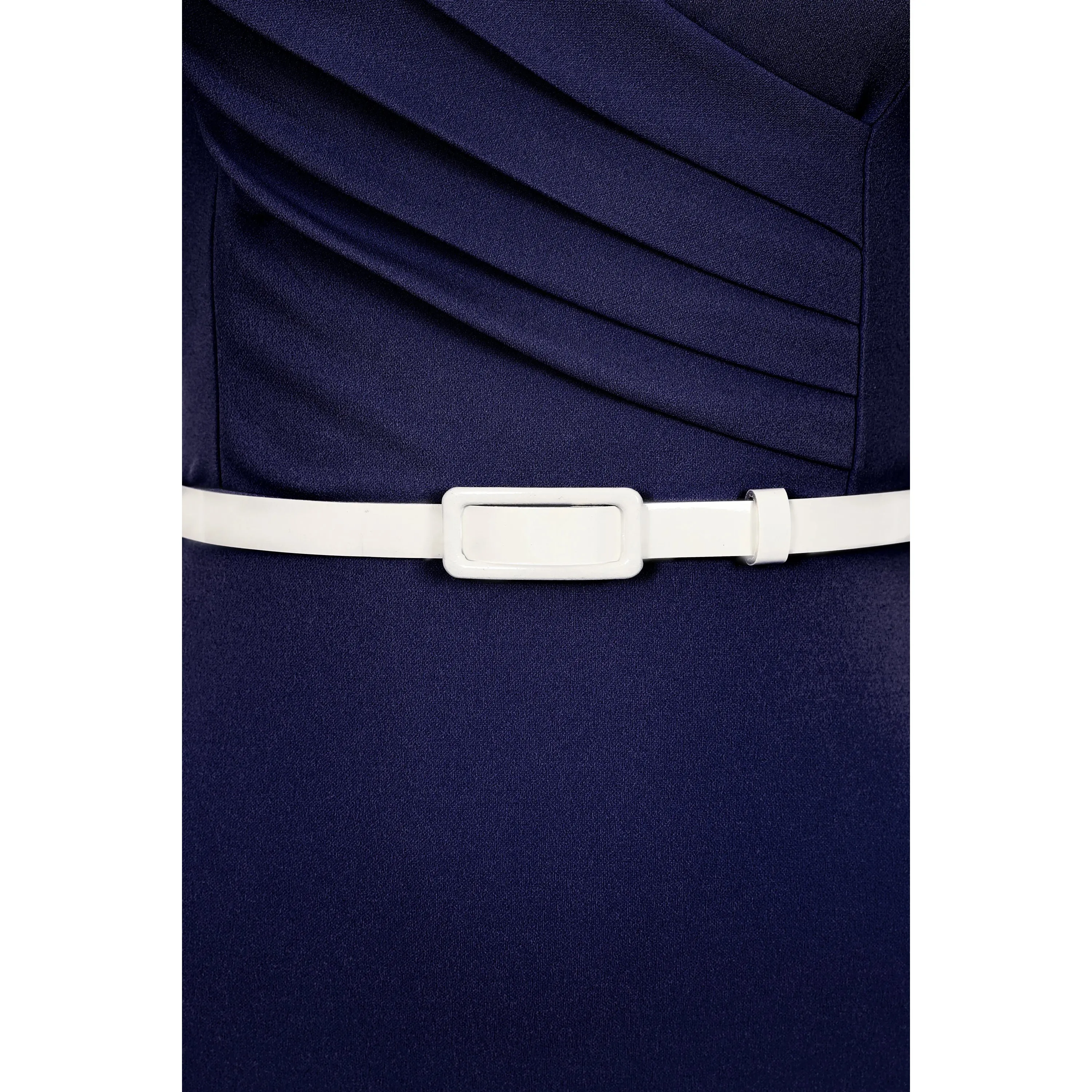 Navy Blue Pleated Wrap Top Short Sleeve Pencil Wiggle Dress With Fluted Hem With Belt