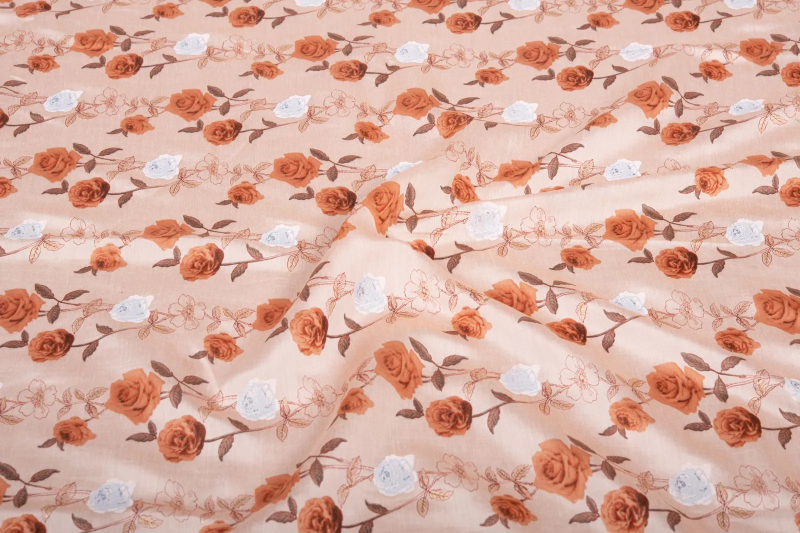 Peach Orange Floral Printed Modal Silk Cotton Fabric