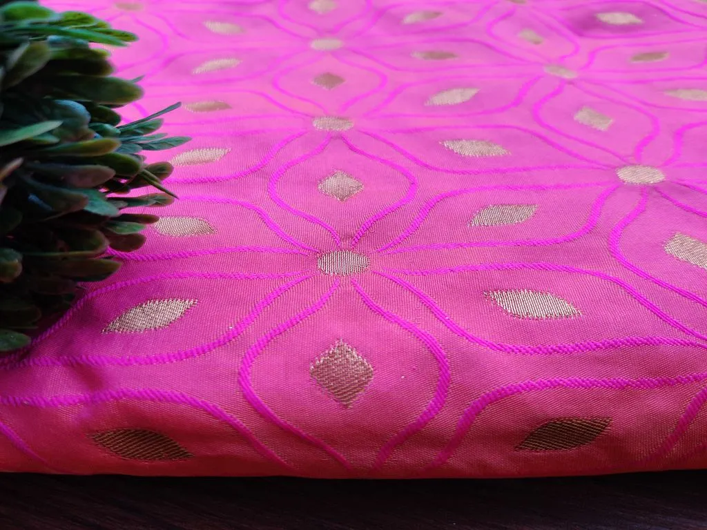 Pink Orange Golden Dual Shade Floral Banarasi Silk Fabric