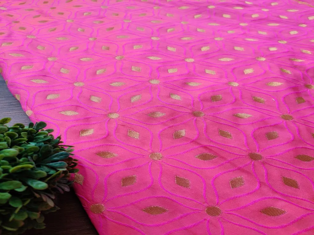 Pink Orange Golden Dual Shade Floral Banarasi Silk Fabric