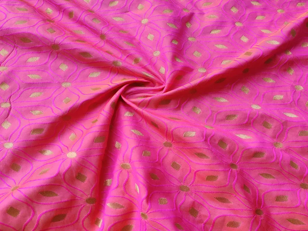 Pink Orange Golden Dual Shade Floral Banarasi Silk Fabric