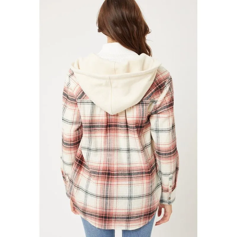 Plaid Flannel Button Up Shacket with Hood