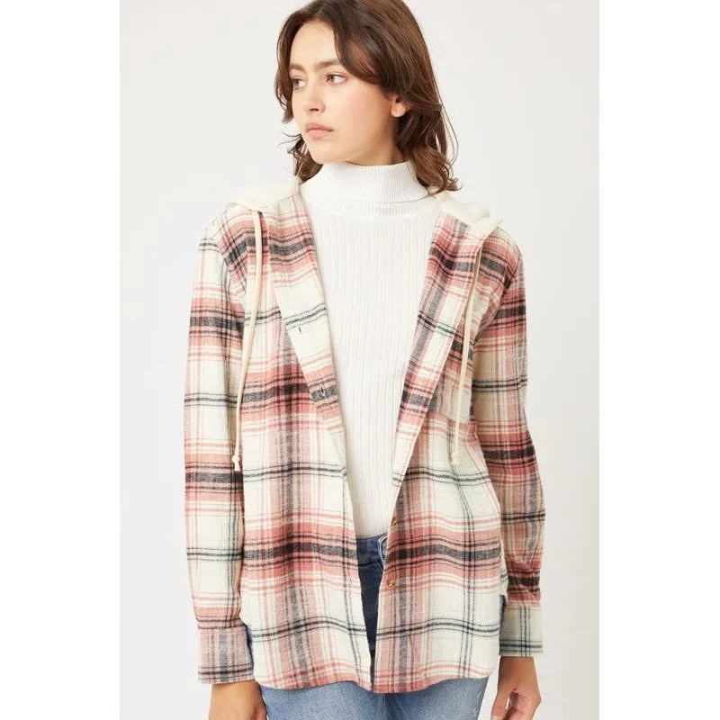 Plaid Flannel Button Up Shacket with Hood