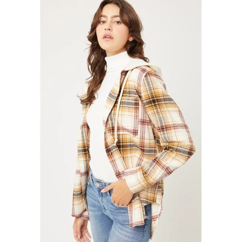 Plaid Flannel Button Up Shacket with Hood