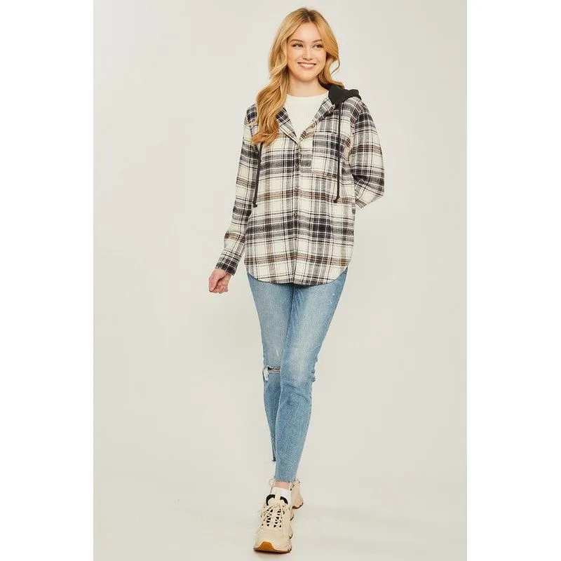 Plaid Flannel Button Up Shacket with Hood