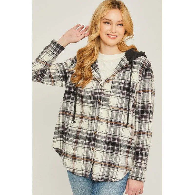 Plaid Flannel Button Up Shacket with Hood