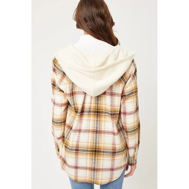 Plaid Flannel Button Up Shacket with Hood