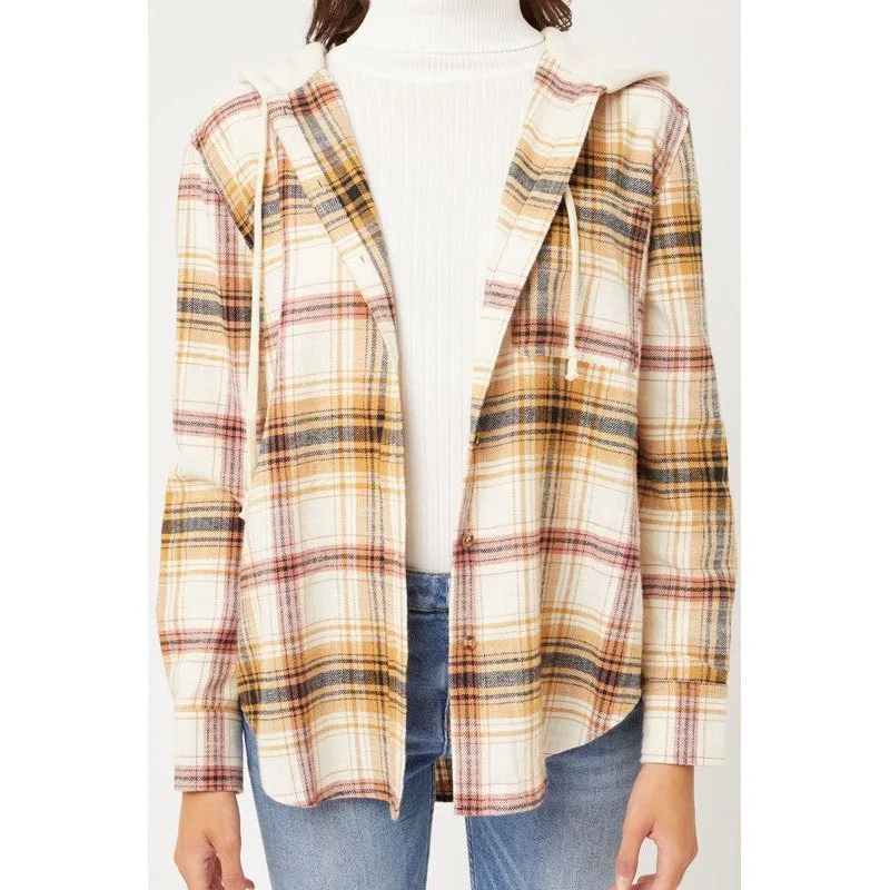 Plaid Flannel Button Up Shacket with Hood