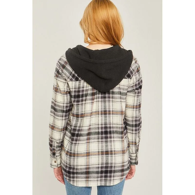 Plaid Flannel Button Up Shacket with Hood