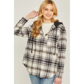 Plaid Flannel Button Up Shacket with Hood