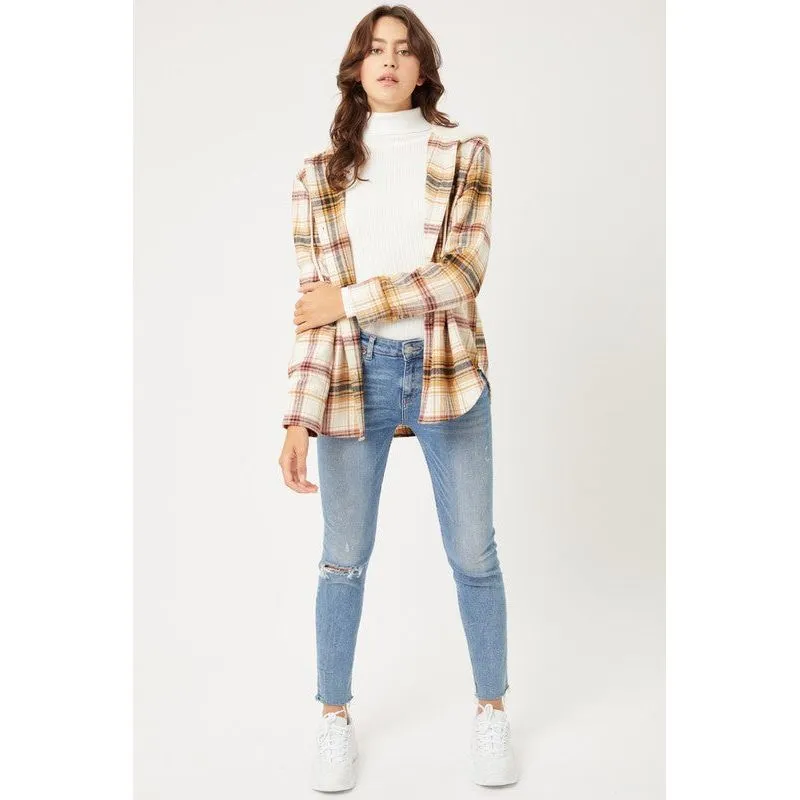 Plaid Flannel Button Up Shacket with Hood