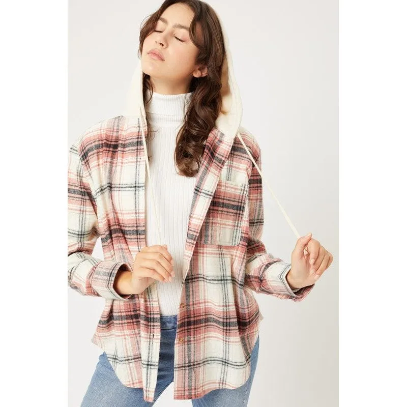 Plaid Flannel Button Up Shacket with Hood