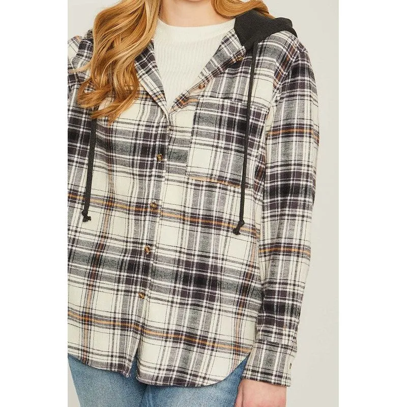 Plaid Flannel Button Up Shacket with Hood