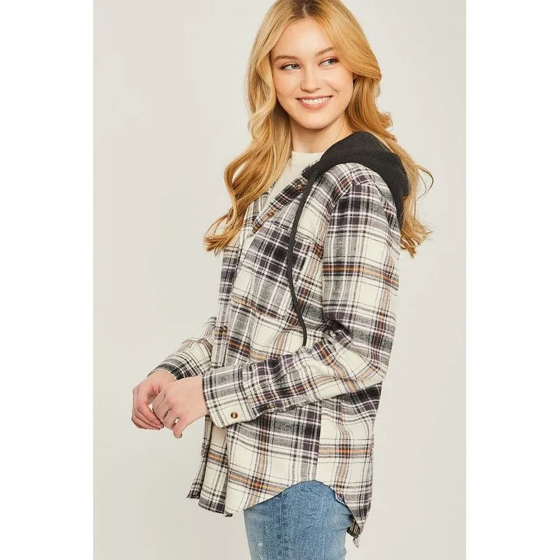 Plaid Flannel Button Up Shacket with Hood