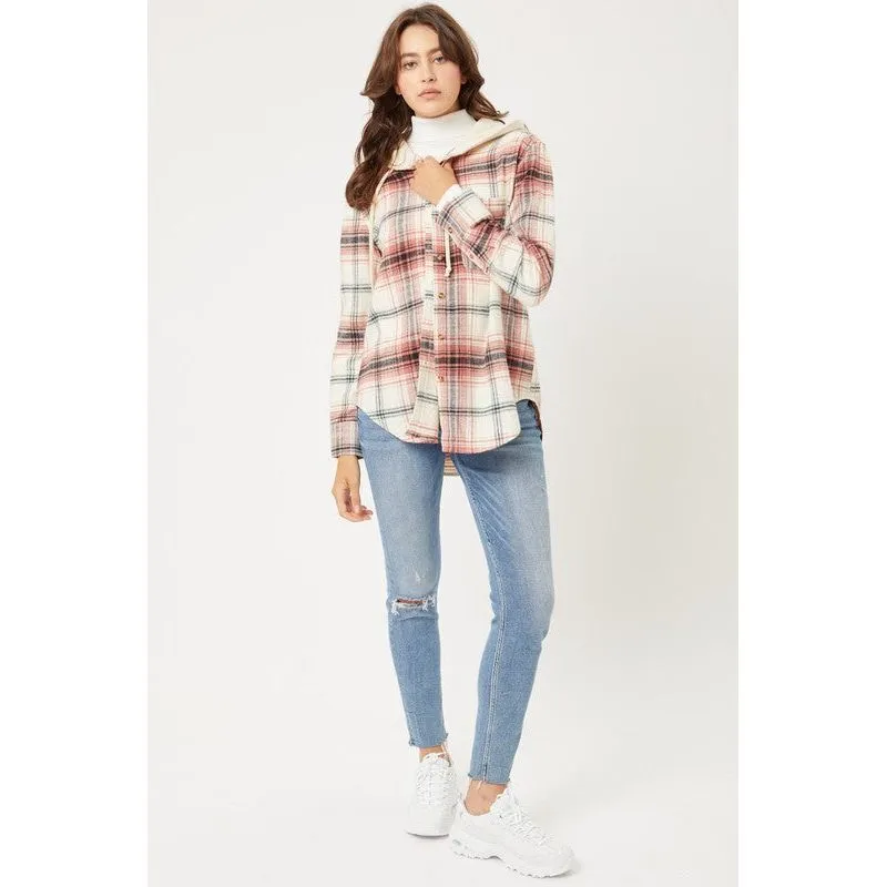 Plaid Flannel Button Up Shacket with Hood