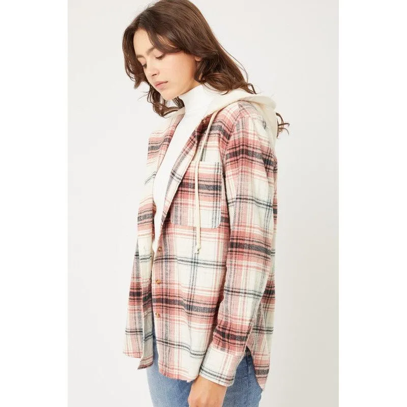 Plaid Flannel Button Up Shacket with Hood