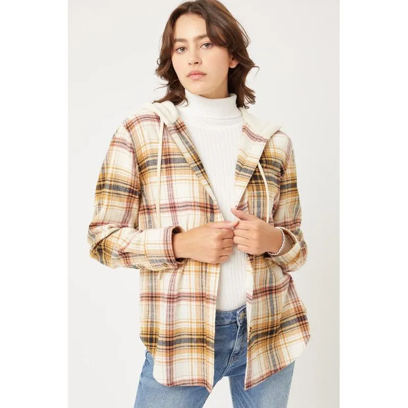 Plaid Flannel Button Up Shacket with Hood