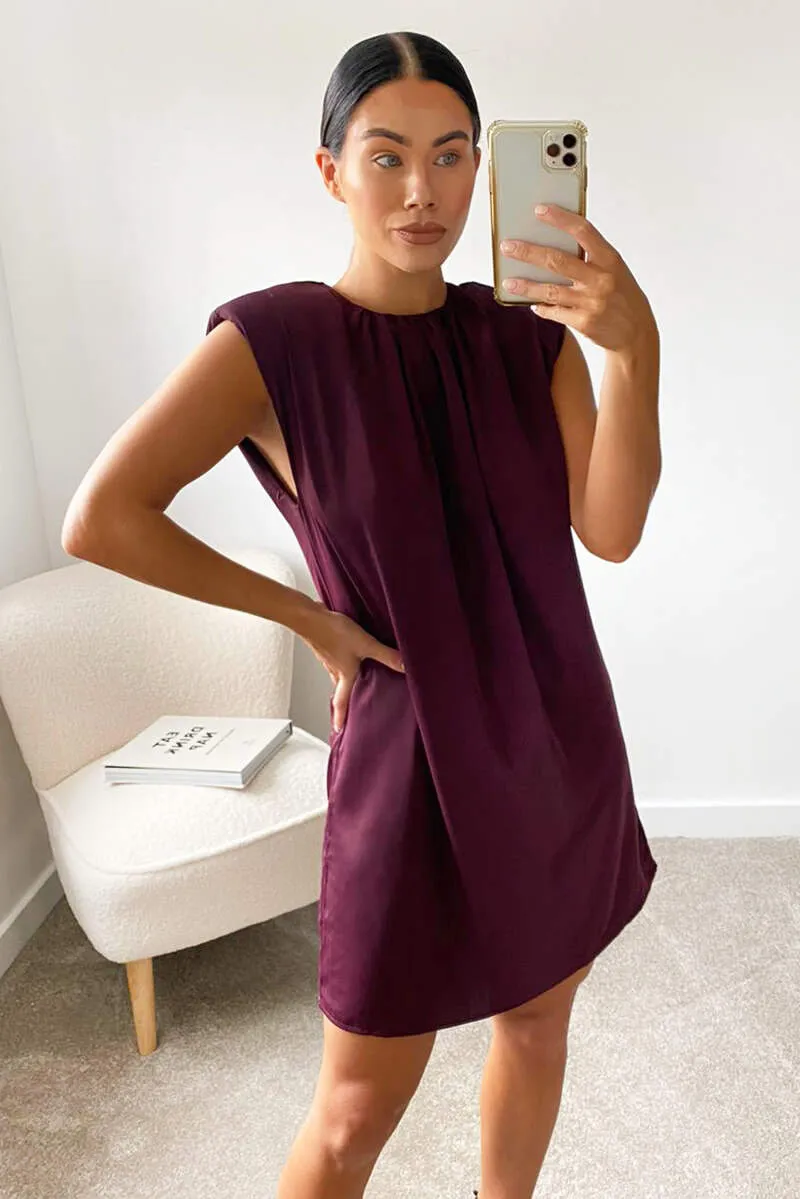 Plum Padded Shoulder Shift Dress