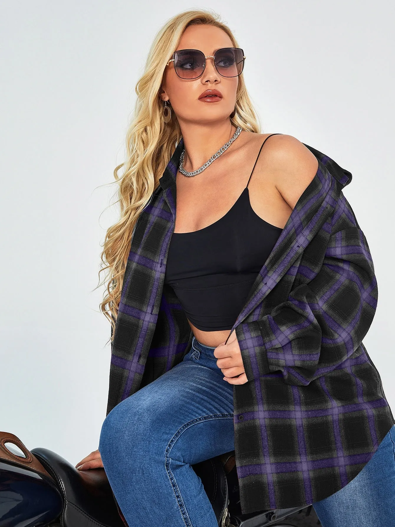 Plus Plaid Button Up Drop Shoulder Blouse