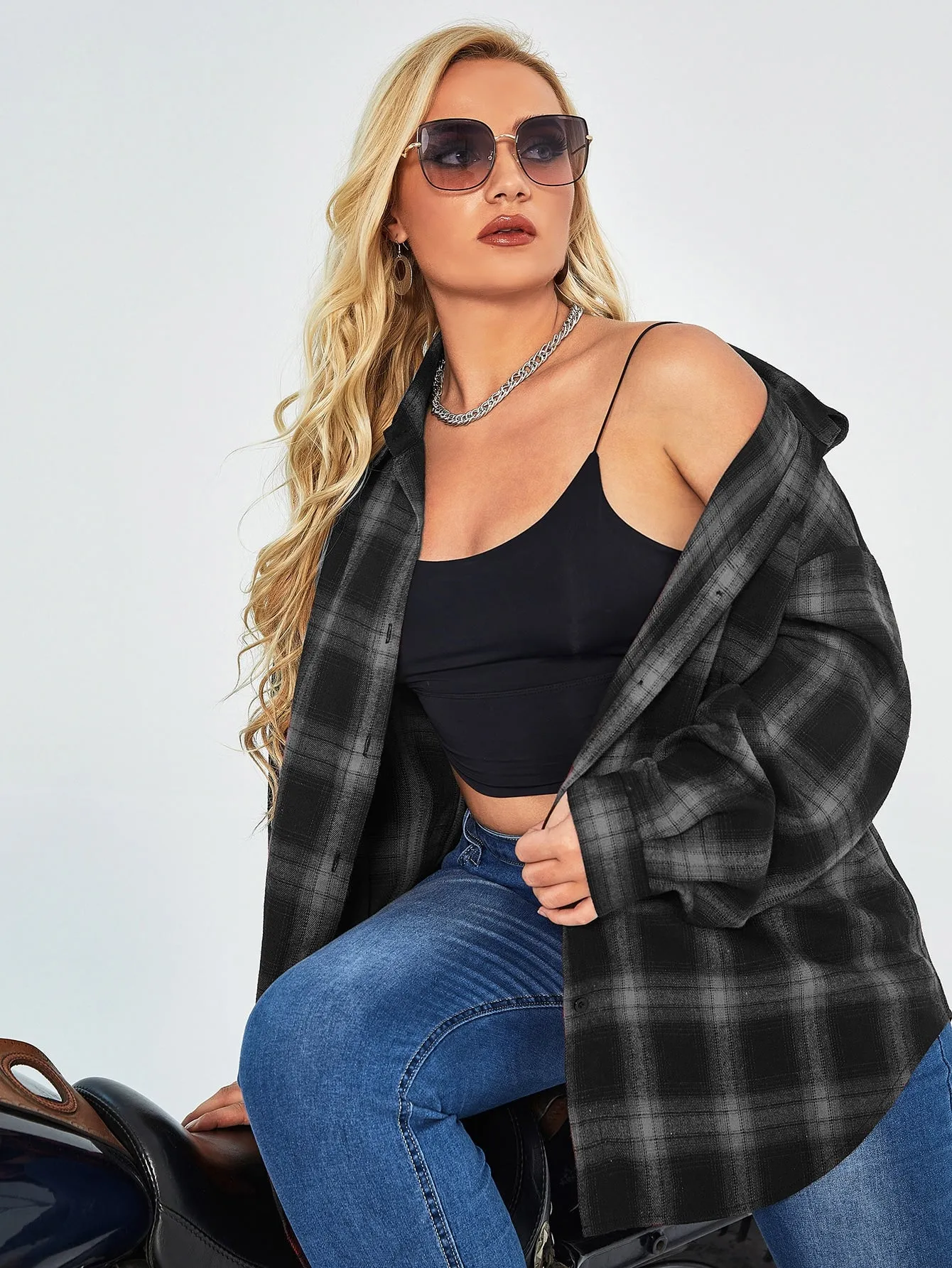 Plus Plaid Button Up Drop Shoulder Blouse