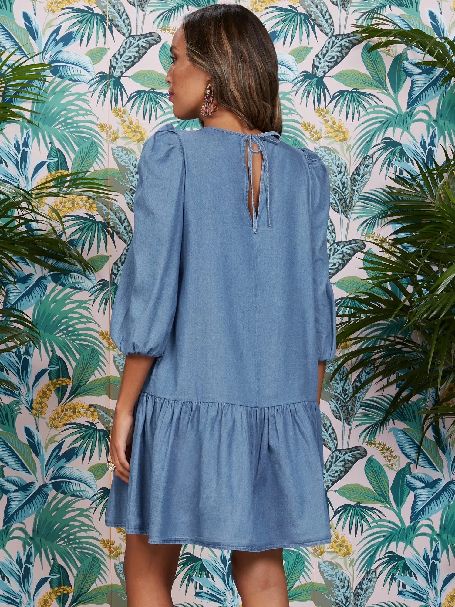 Puff-Sleeve Denim Shift Dress