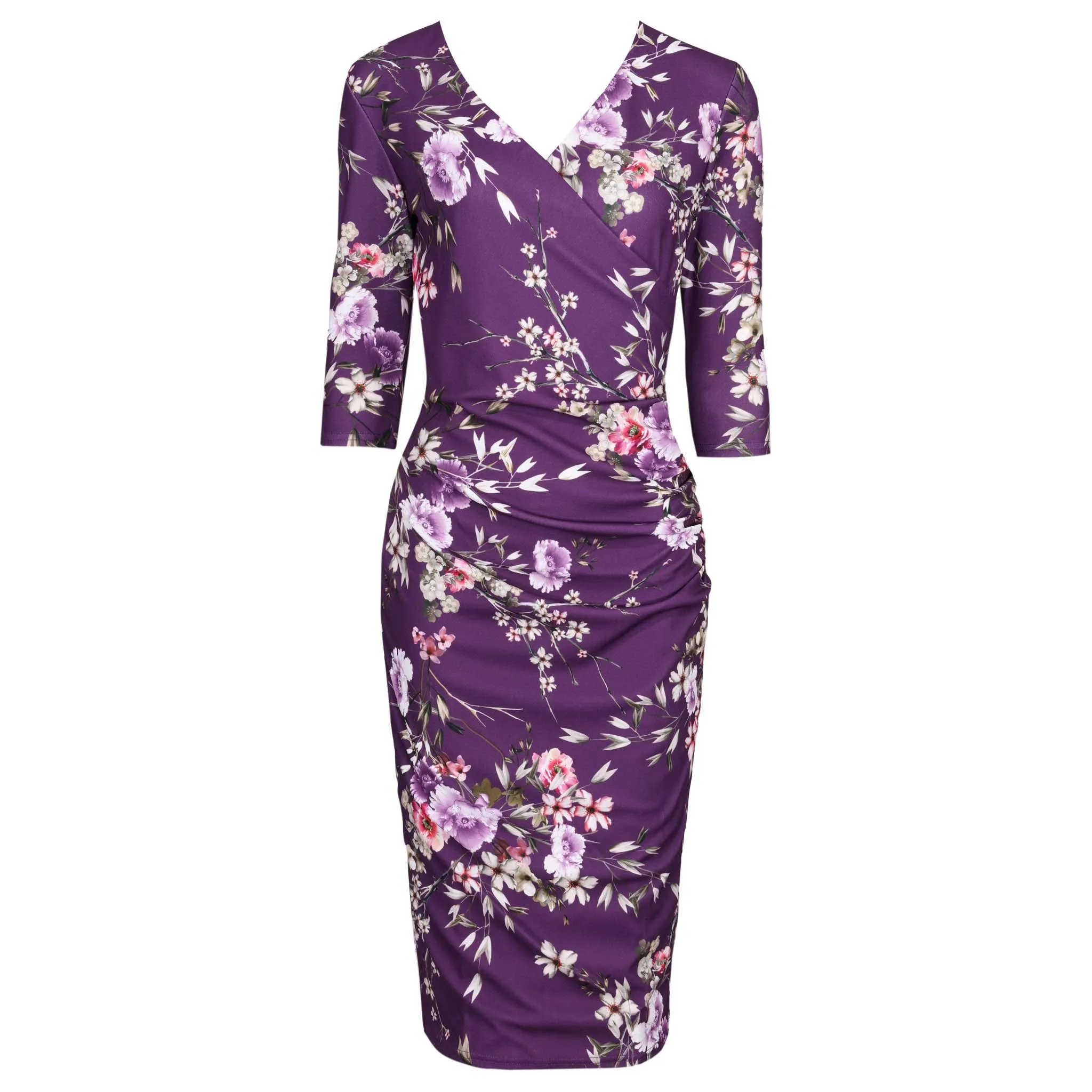 Purple Floral Print 40s 3/4 Sleeve Wiggle Wrap Dress