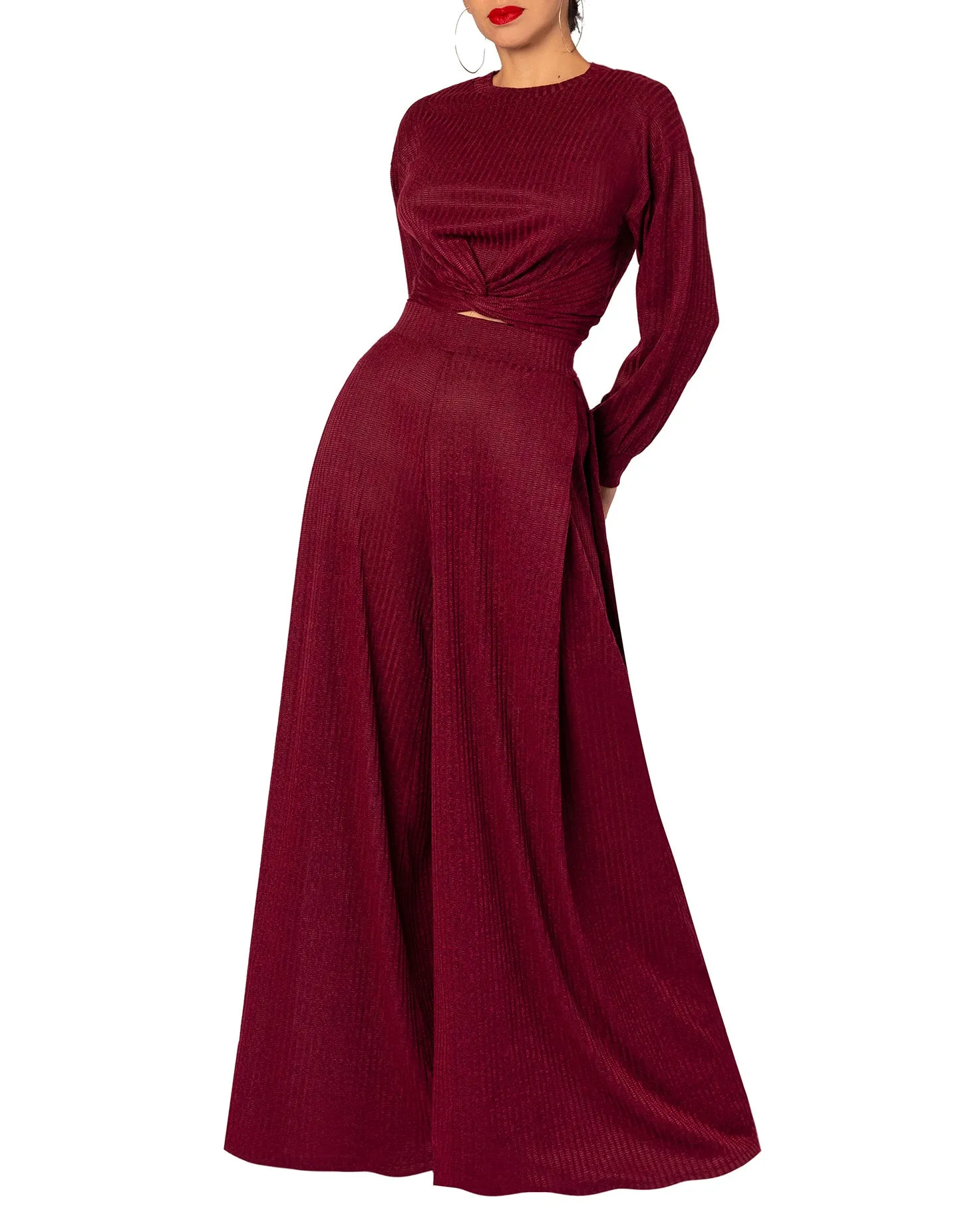 "Angela" Burgundy Sweater Wide Leg Pants