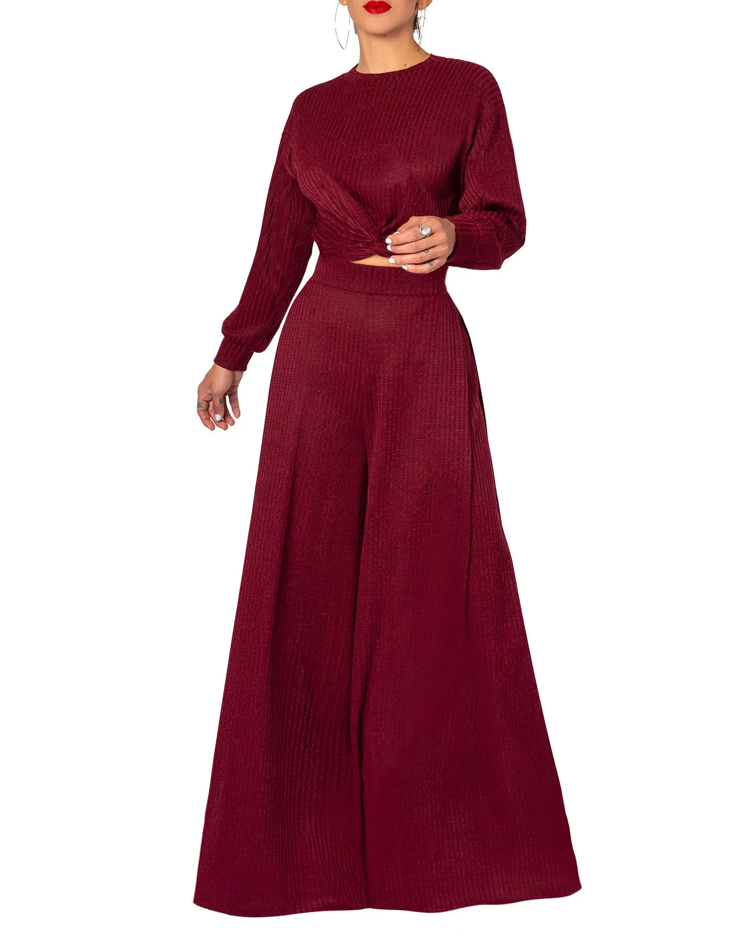 "Angela" Burgundy Sweater Wide Leg Pants