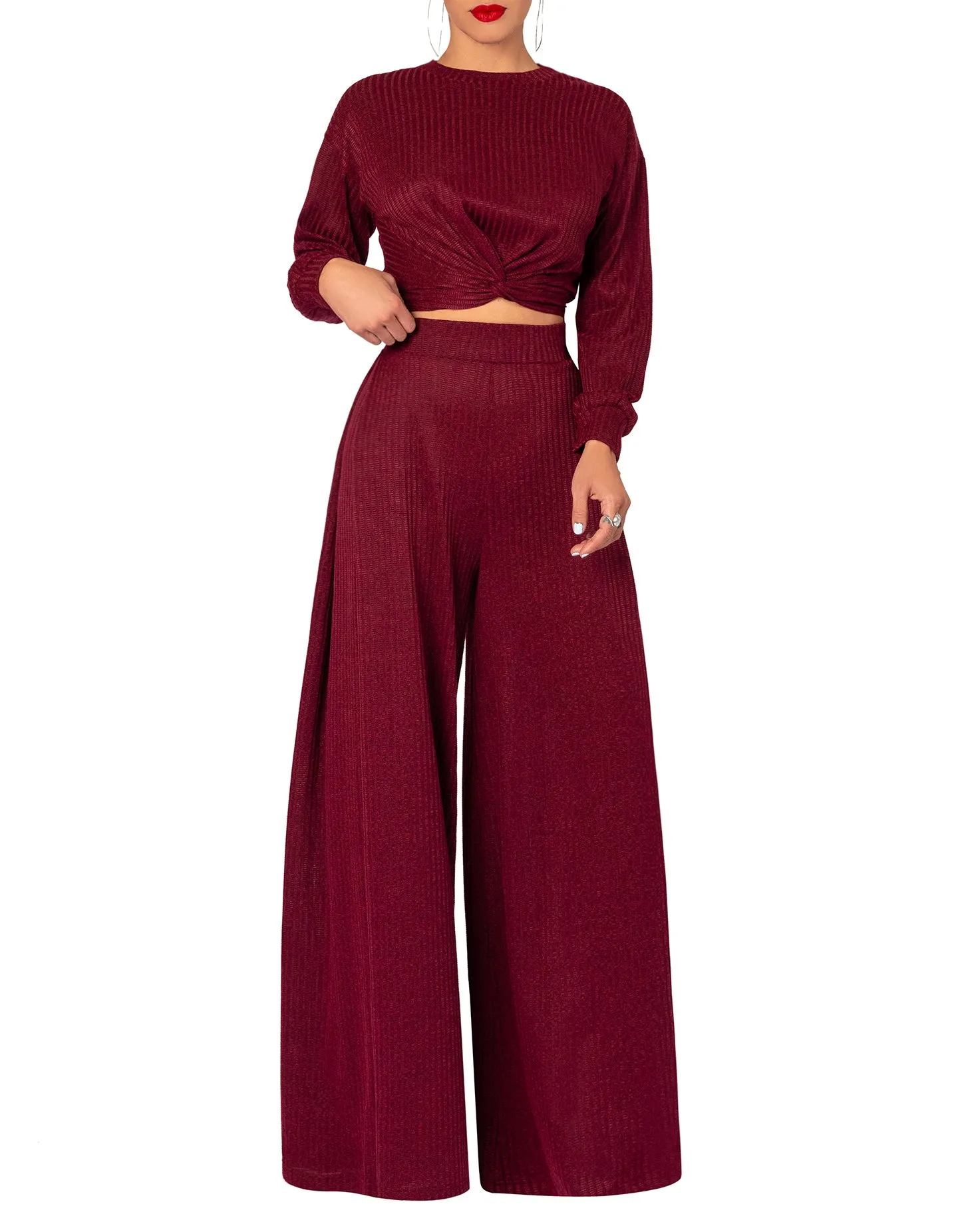 "Angela" Burgundy Sweater Wide Leg Pants