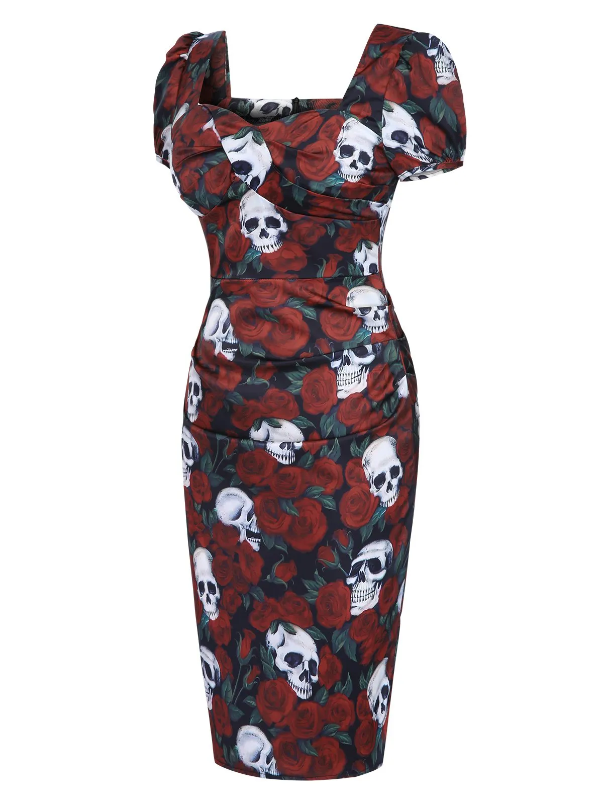 Red 1960s Rose Skull Sqaure Neck Pencil Dress