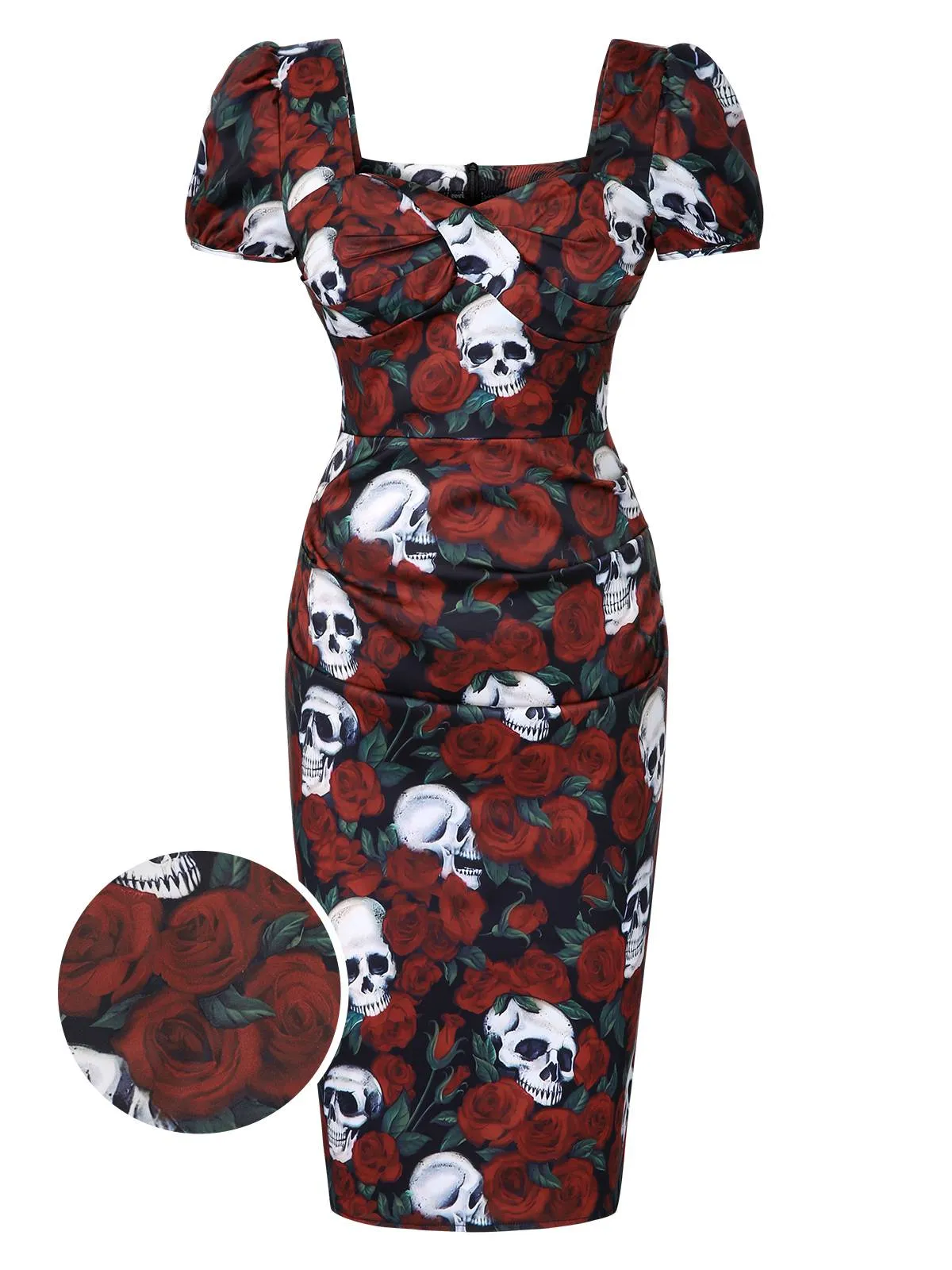 Red 1960s Rose Skull Sqaure Neck Pencil Dress