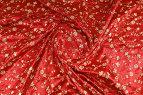 Red Floral Embroidered Viscose Gaji Silk Fabric (Wholesale)