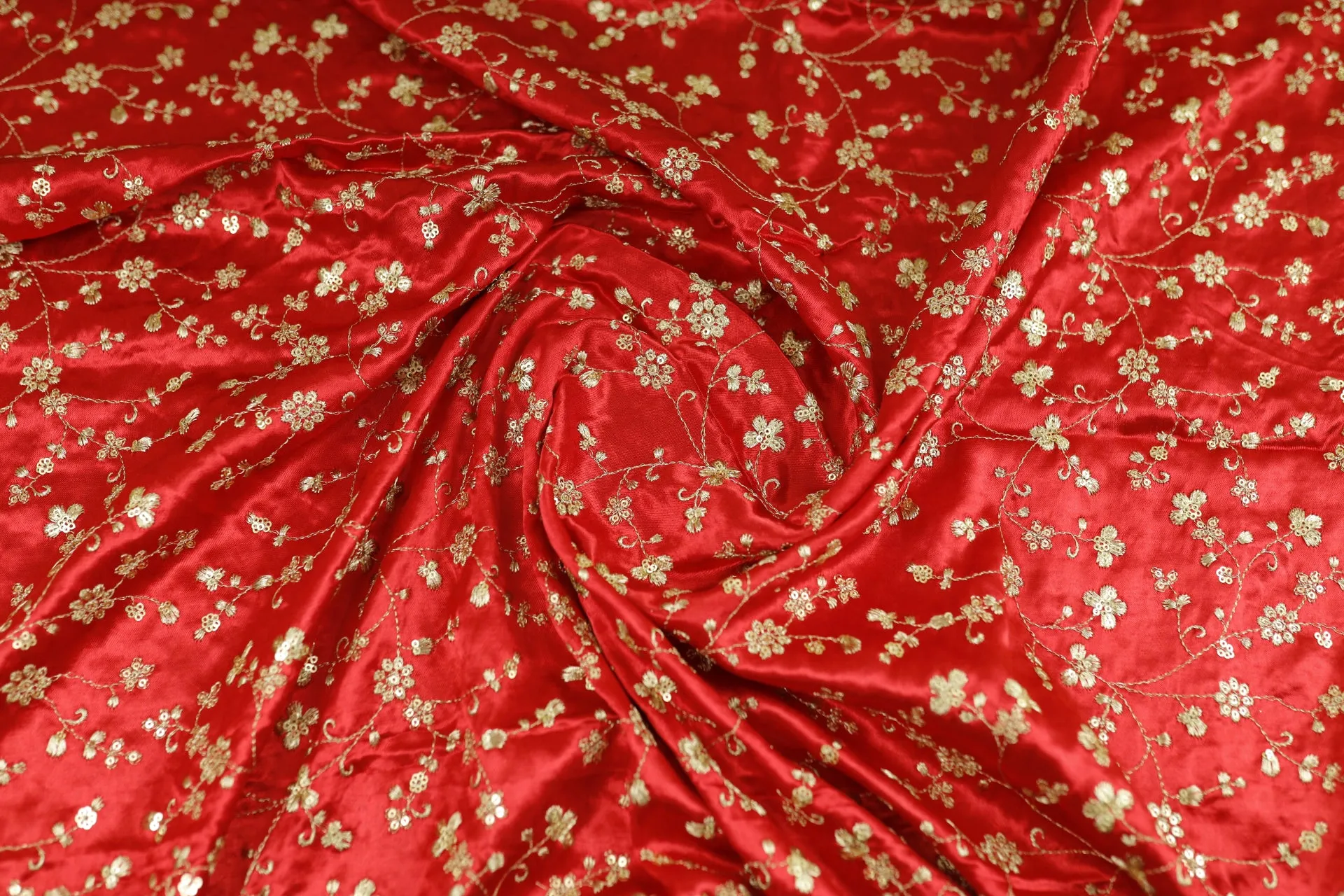 Red Floral Embroidered Viscose Gaji Silk Fabric (Wholesale)