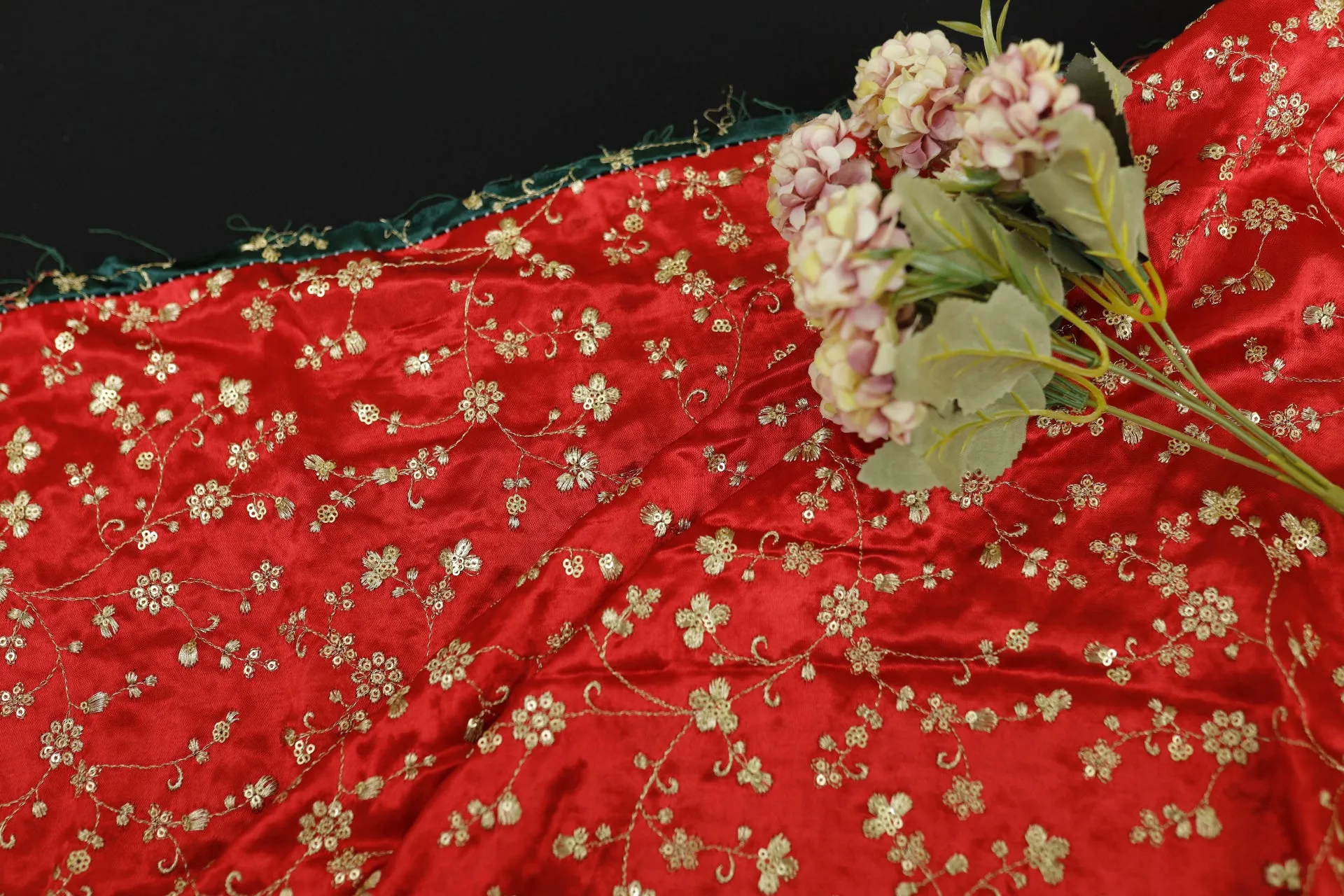 Red Floral Embroidered Viscose Gaji Silk Fabric (Wholesale)