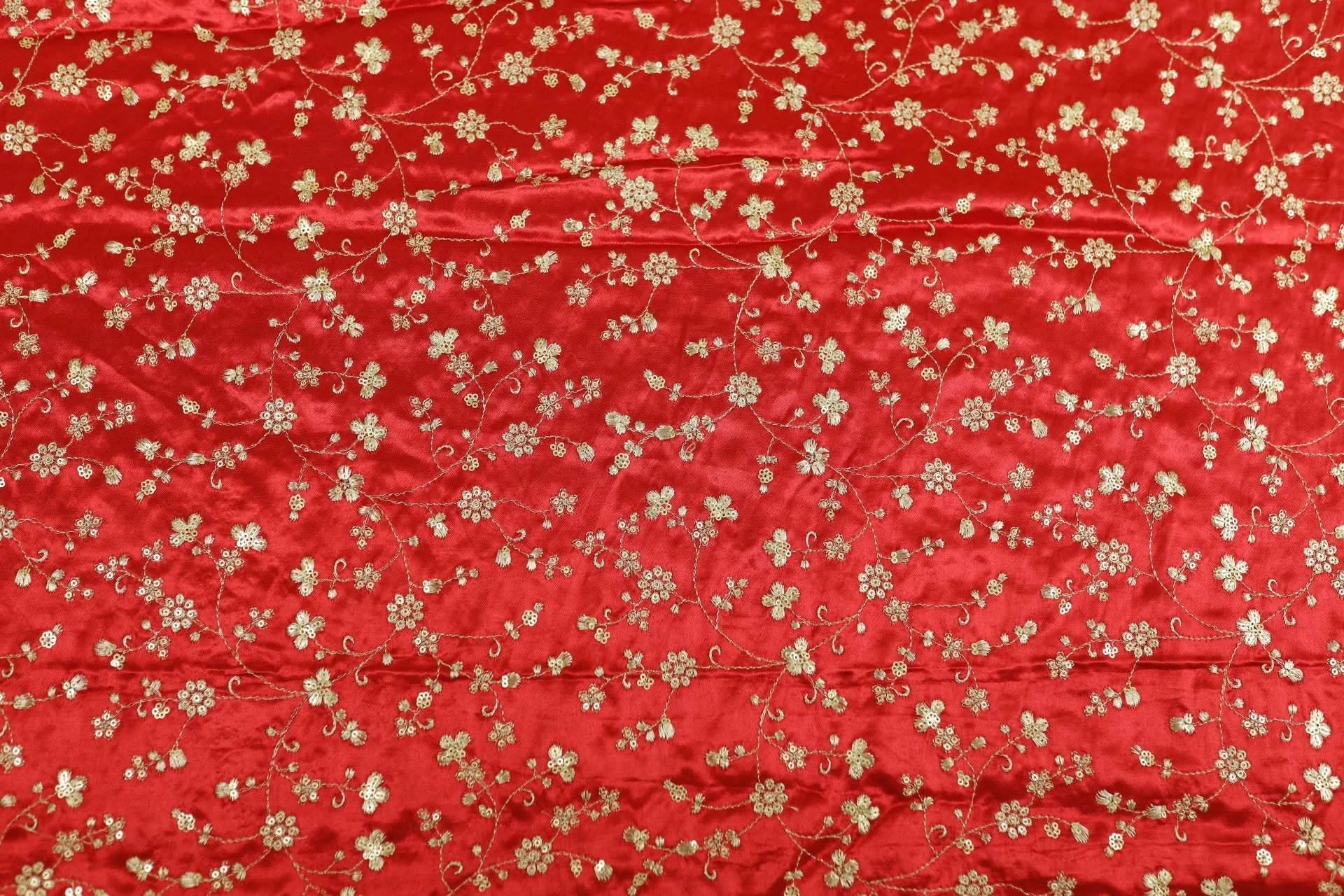 Red Floral Embroidered Viscose Gaji Silk Fabric (Wholesale)