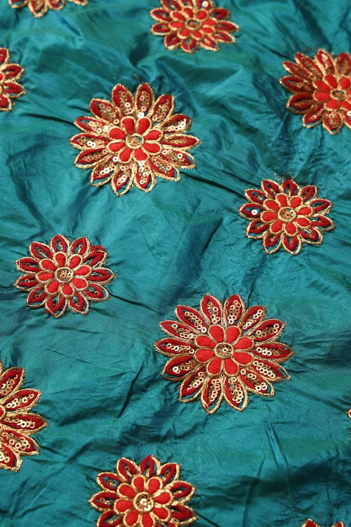 Red Thread With Gold Sequins Floral Butta Embroidery On Rama Paper Silk Fabric