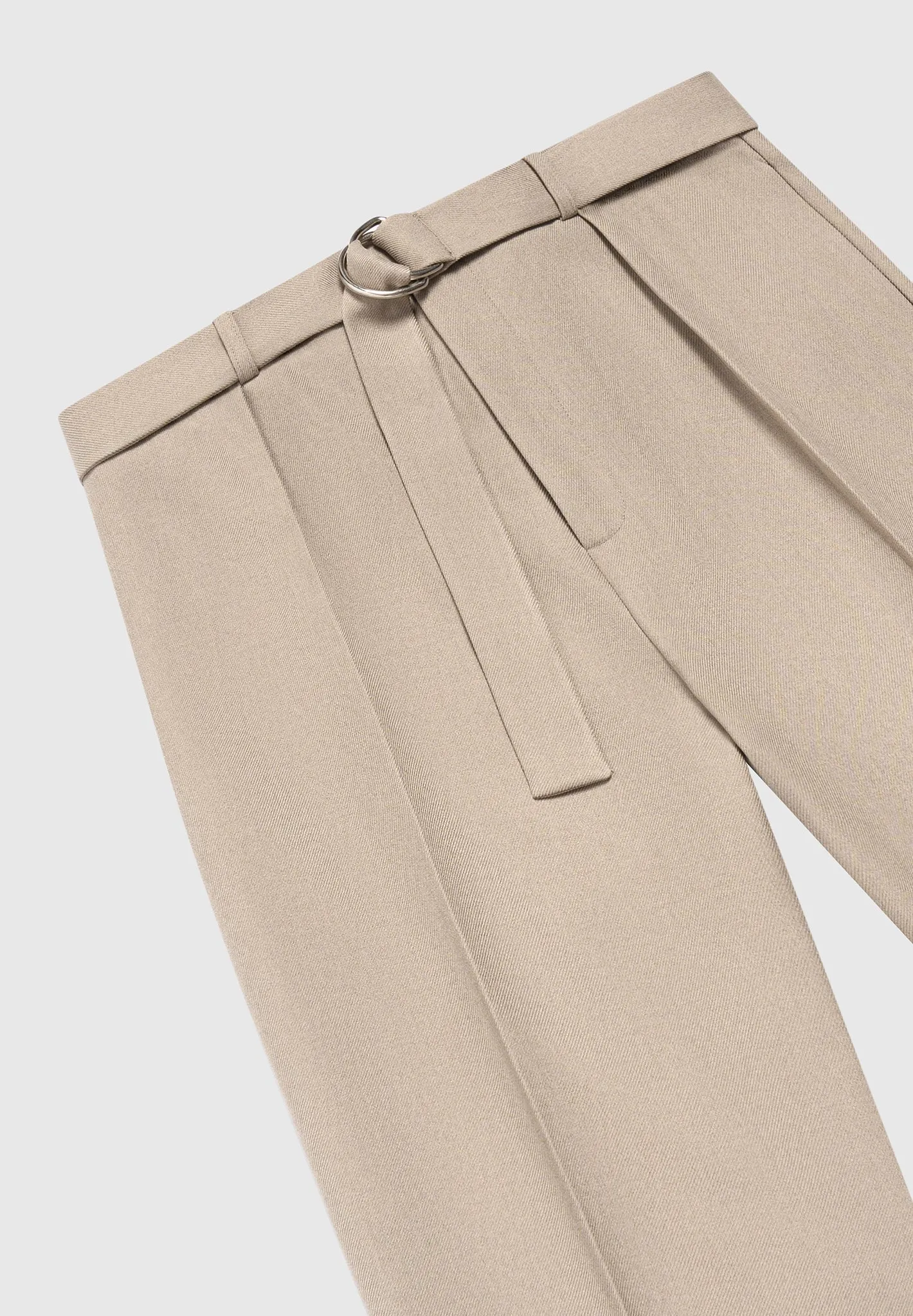 Relaxed Fit Textured Belted Tailored Trousers - Beige