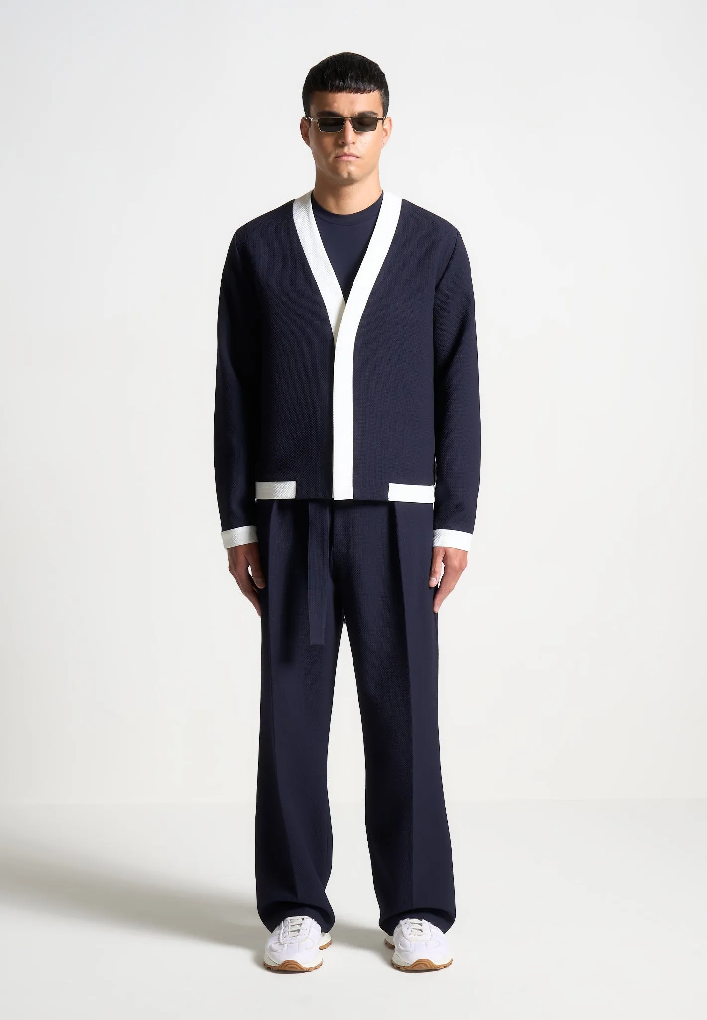 Relaxed Fit Textured Belted Tailored Trousers - Navy