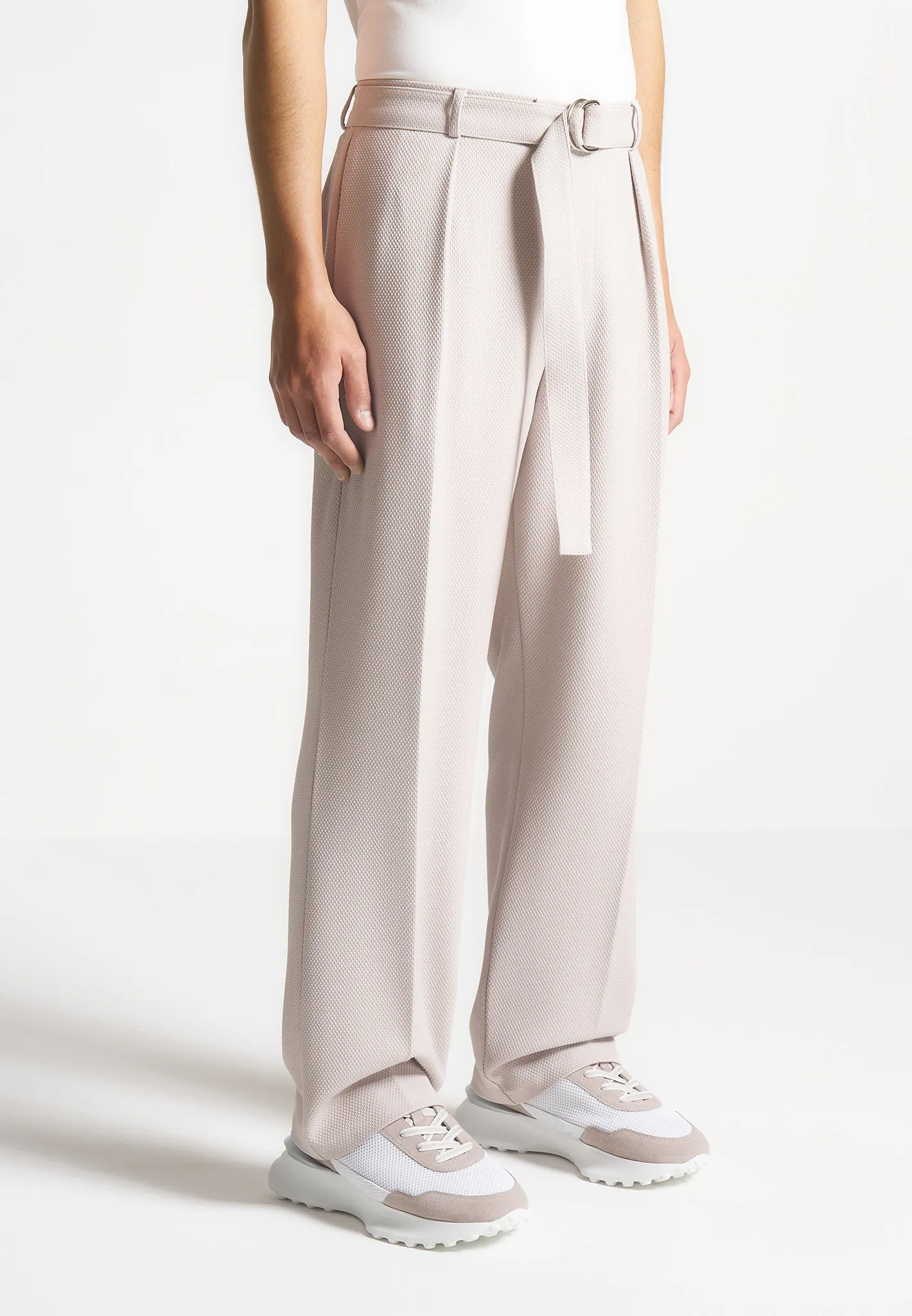 Relaxed Fit Textured Belted Tailored Trousers - Stone