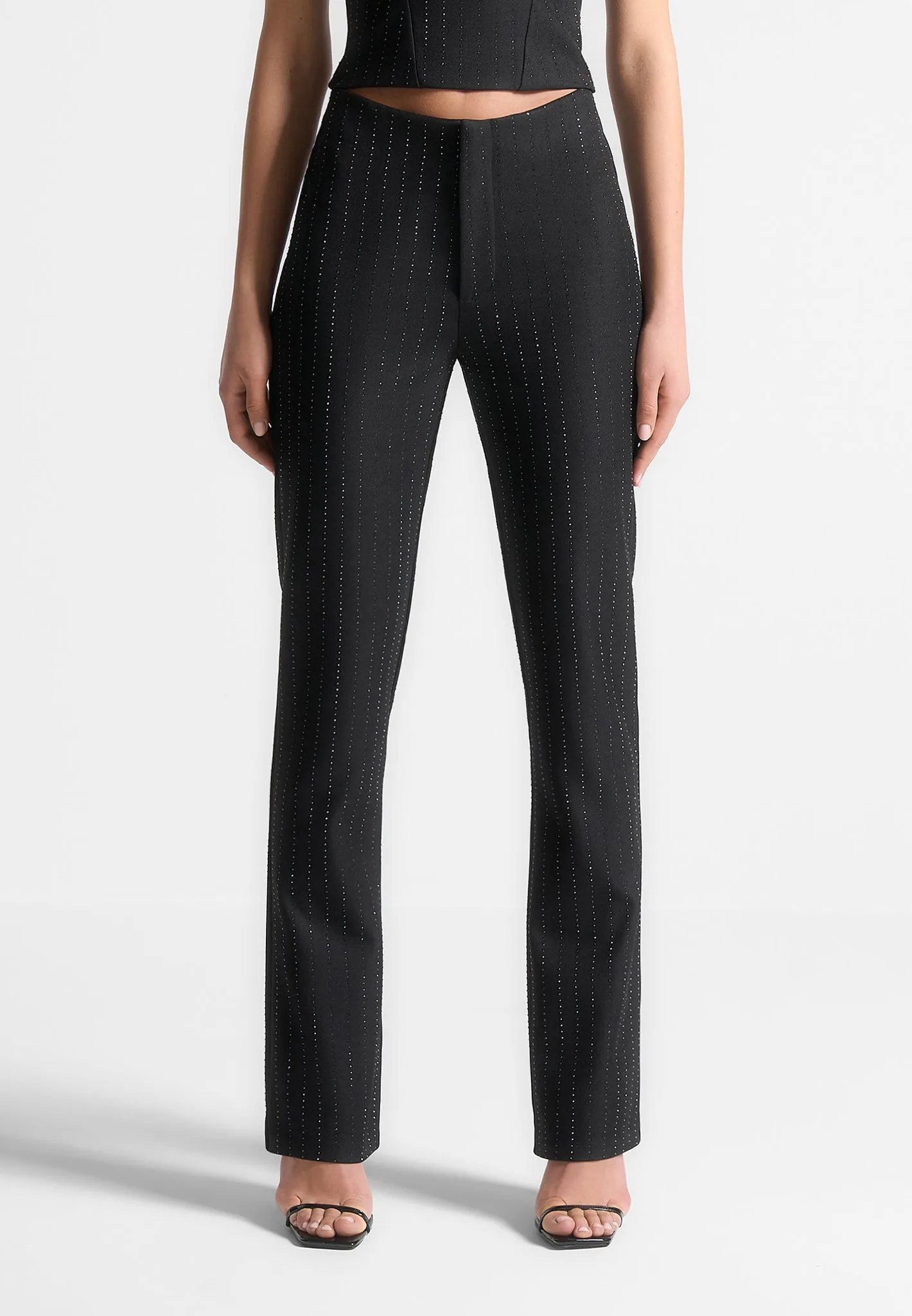 Rhinestone Tailored Straight Leg Trousers - Black