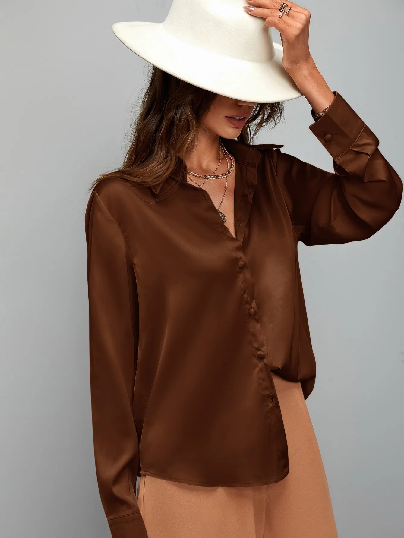 Satin Solid Button Up Shirt