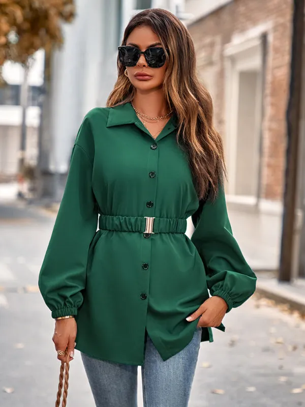 Solid Button-Up Long Lantern Sleeve Belted Shirt