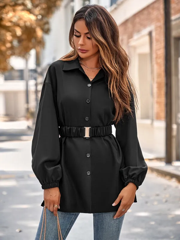 Solid Button-Up Long Lantern Sleeve Belted Shirt