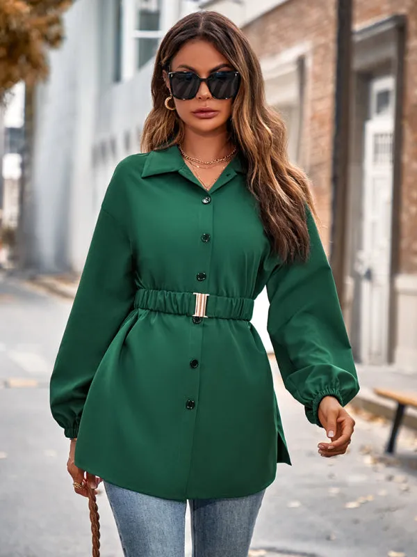 Solid Button-Up Long Lantern Sleeve Belted Shirt