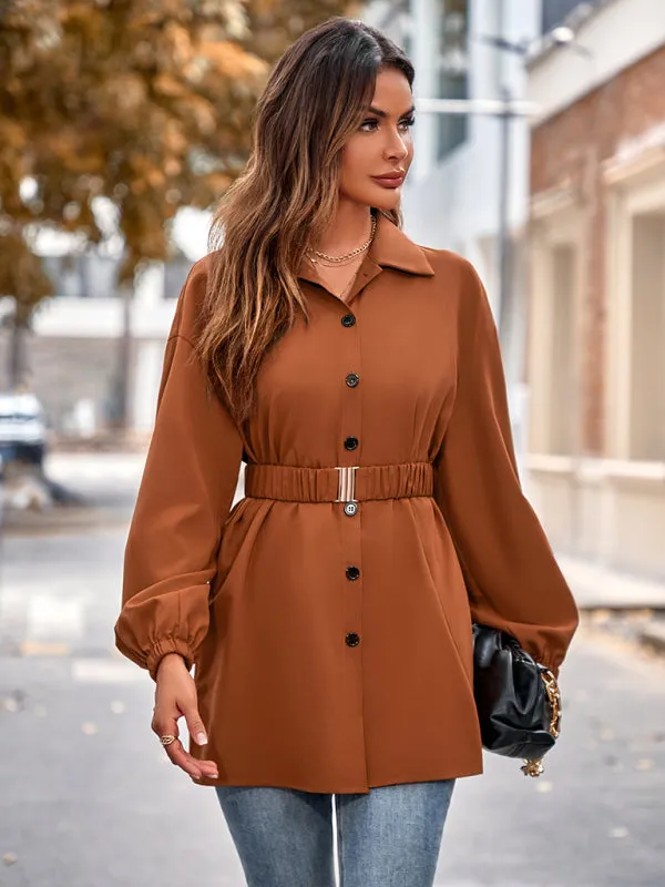 Solid Button-Up Long Lantern Sleeve Belted Shirt