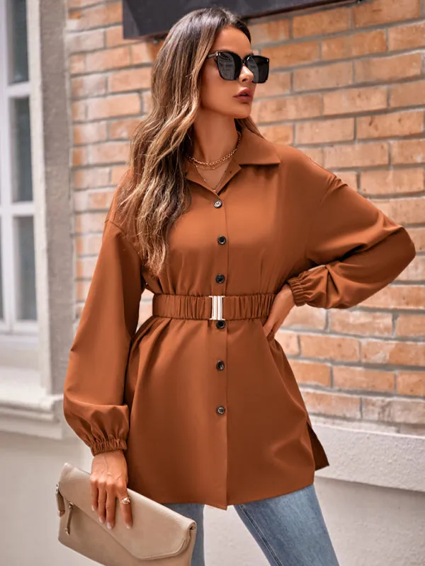 Solid Button-Up Long Lantern Sleeve Belted Shirt